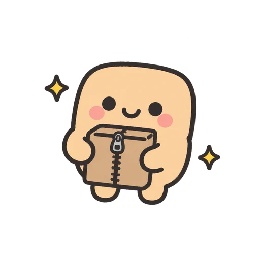 Beige mascot hugging a zipped box