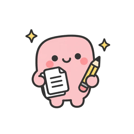 Pink mascot with pages and a pencil