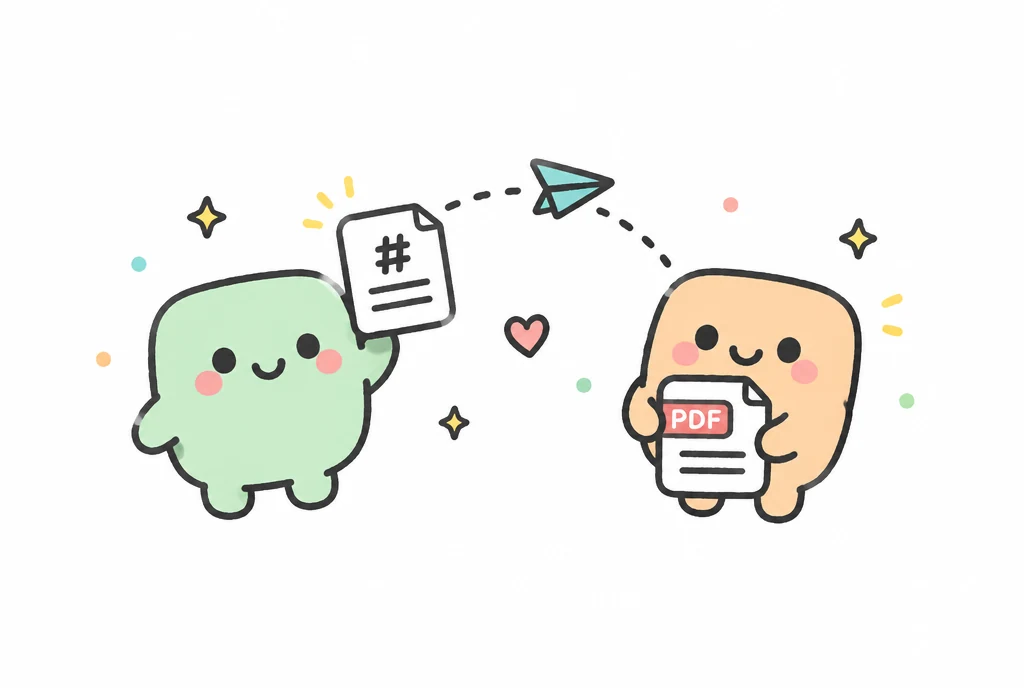 Two hand-drawn mascots: one sends a Markdown page as a paper plane, the other catches it as a PDF